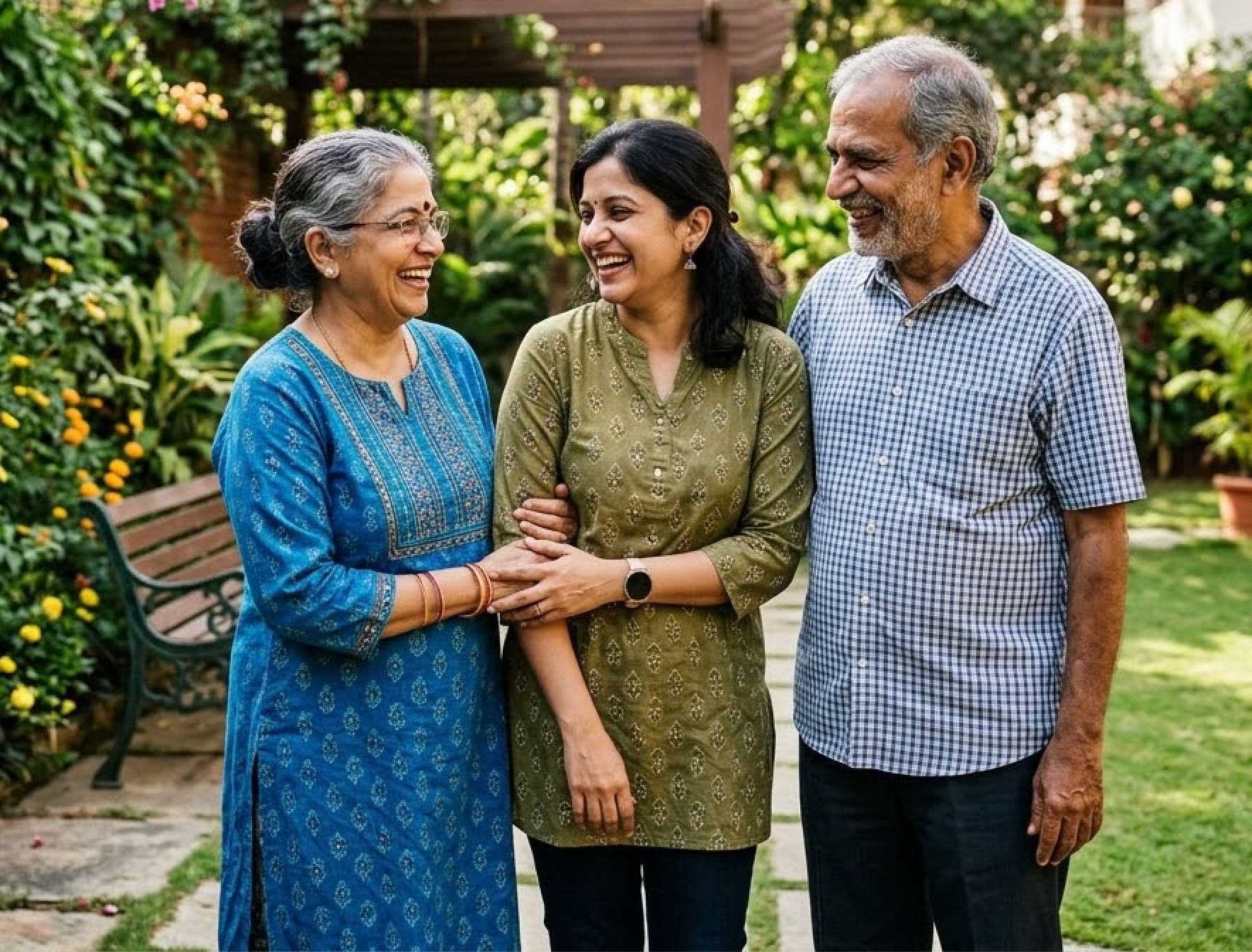 Indian parents using laptop in garden